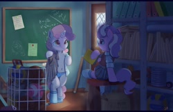 Size: 4096x2674 | Tagged: suggestive, artist:drafthoof, diamond tiara, sweetie belle, arm hooves, bipedal, blue underwear, classroom, clothes, dominatiara, dominatrix, duo, female, femdom, femsub, foal, foalcon, g4, imported from derpibooru, indoors, lesbian, panties, partially undressed, pony, room, school, school uniform, semi-anthro, ship:diamondbelle, shipping, soldier (tf2), submissive, sweetiesub, team fortress 2, underwear, undressing, unicorn