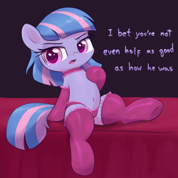 Size: 2000x2000 | Tagged: suggestive, artist needed, bed, choker, clothes, female, filly, foal, foalcon, g4, high res, implied incest, imported from derpibooru, legwear, lingerie, looking at you, panties, pegasus, pony, socks, solo, thigh highs, unamused, underwear, wind sprint