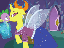 Size: 1440x1080 | Tagged: suggestive, artist:rayxbruh, spike, animated, changedling, changeling, dragon, female, foalcon, french kiss, g4, gif, heart, heart eyes, imported from derpibooru, king thorax, kissing, male, mesosoma, mesospike, older, older spike, outdoors, queen mesosoma, rule 63, ship:thoraxspike, shipping, size difference, straight, thorax, wingding eyes, wingless spike