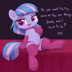 Size: 2000x2000 | Tagged: suggestive, artist needed, bed, belly, belly button, choker, clothes, cute, cute little fangs, fangs, female, filly, foal, foalcon, g4, high res, implied incest, imported from derpibooru, legwear, lingerie, looking at you, panties, pegasus, pony, socks, solo, thigh highs, underwear, wind sprint