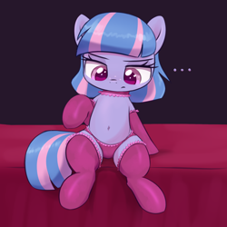 Size: 2000x2000 | Tagged: suggestive, ..., artist needed, bed, belly button, choker, clothes, female, filly, foal, foalcon, frilly underwear, g4, high res, imported from derpibooru, legwear, lingerie, panties, pegasus, pink underwear, pony, socks, solo, thigh highs, unamused, underwear, wind sprint