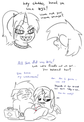 Size: 826x1190 | Tagged: suggestive, artist:jargon scott, oc, oc:dyx, oc:nyx, alicorn, black sclera, choker, cloudy daze, crying, earth pony, female, first aid kit, foalcon, g4, implied blowjob, implied oral, implied penis biting, implied sex, imported from derpibooru, monochrome, pony, sharp teeth, simple background, slit pupils, spiked choker, teeth, this ended in pain, white background