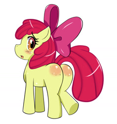 Size: 1321x1393 | Tagged: suggestive, artist:ss2sonic, apple bloom, /mlp/, 4chan, adorabloom, anatomically incorrect, apple bloom's bow, blank flank, bloom butt, blushing, bow, butt, butt blush, cute, discipline, earth pony, female, filly, foal, foalcon, g4, hair bow, implied foalcon, imported from derpibooru, incorrect leg anatomy, looking at you, looking back, looking back at you, plot, pony, punishment, rear view, simple background, solo, solo female, spank mark, spanked, white background