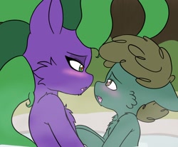Size: 1766x1453 | Tagged: suggestive, artist:steelsoul, blushing, duo, earth pony, female, foalcon, g4, heart, heart eyes, hot springs, humdrum, humdrum costume, imported from derpibooru, male, mane-iac, pony, power ponies, ship:drum-iac, shipping, straight, straight shota, wingding eyes
