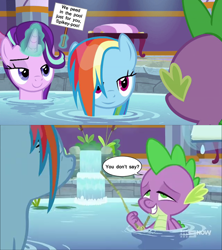 Size: 800x900 | Tagged: suggestive, rainbow dash, spike, starlight glimmer, age difference, bedroom eyes, deep tissue memories, dragon, edit, edited screencap, female, foalcon, g4, horn, hot tub, hundreds of users filter this tag, implied peeing, imported from derpibooru, male, mare, my little pony: friendship is forever, pegasus, pony, ponyville spa, screencap, ship:rainbowspike, ship:sparlight, shipping, spike gets all the mares, straight, trio, unicorn, winged spike, wings