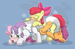 Size: 2838x1857 | Tagged: suggestive, artist:fillyscoots42, apple bloom, scootaloo, sweetie belle, ahegao, alternate version, blushing, booty mark crusaders, cutie mark crusaders, diaper, diaper belle, diaper fetish, diaper grinding, diaper usage, diaperbloom, diaperloo, drool, earth pony, eyes closed, female, fetish, filly, foal, foalcon, g4, group sex, horn, imported from derpibooru, looking back, messy diaper, non-baby in diaper, open mouth, pegasus, pony, poofy diaper, poop, pooping, poopy diaper, sex, sweat, threesome, tongue out, unicorn, used diaper