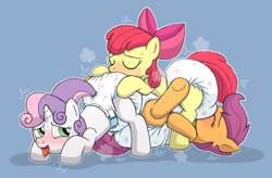 Size: 2838x1857 | Tagged: suggestive, artist:fillyscoots42, apple bloom, scootaloo, sweetie belle, ahegao, air pushed out of diaper, blushing, booty mark crusaders, cutie mark crusaders, diaper, diaper belle, diaper fetish, diaper grinding, diaperbloom, diapered, diaperloo, drool, earth pony, eyes closed, female, fetish, filly, foal, foalcon, g4, group sex, imported from derpibooru, lesbian, looking back, non-baby in diaper, open mouth, pegasus, pony, poofy diaper, shipping, sweat, threesome, tongue out, unicorn