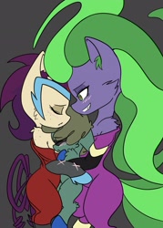 Size: 1470x2048 | Tagged: suggestive, artist:steelsoul, age difference, ara ara, blushing, clothes, colt, costume, female, foal, foalcon, g4, heeldrum, high heel, humdrum, humdrum costume, idw, imported from derpibooru, lucky bastard, male, mane-iac, mare, my little pony annual 2014, pony, ship:drum-iac, shipping, sidekick, straight, straight shota, supervillain
