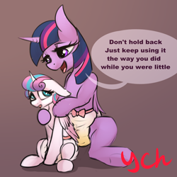 Size: 3000x3000 | Tagged: suggestive, artist:cornelia_nelson, princess flurry heart, twilight sparkle, advertisement, age difference, alicorn, commission, diaper, diaper fetish, diaperlight sparkle, female, fetish, floppy ears, foal, foalcon, g4, high res, imported from derpibooru, non-baby in diaper, pissing, pony, twilight is a foal fiddler, urine, wet diaper, wetting, wetting diaper, white diaper, your character here