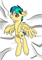 Size: 3155x4448 | Tagged: suggestive, artist:dumbwoofer, oc, oc:apogee, bed, crotchboobs, featureless crotchboobs, female, filly, foal, foalcon, imported from derpibooru, nudity, oc only, pegasus, pony, sheet, solo, solo female, teats