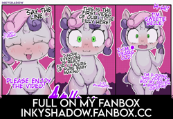 Size: 4316x2971 | Tagged: suggestive, artist:inkyshadow, sweetie belle, advertisement, belly, belly button, blushing, cropped, fanbox, female, filly, foal, foalcon, g4, horn, implied sex, imported from derpibooru, japanese reading order, pony, preview, solo, solo female, sweat, text, thigh gap, underhoof, unicorn, wide hips