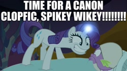 Size: 1920x1080 | Tagged: suggestive, editor:useraccount, rarity, spike, age difference, bed, caption, clopfic, dragon, dragon dropped, duo, duo male and female, edit, edited screencap, excessive exclamation marks, faic, female, foalcon, g4, horn, image macro, imminent foalcon, imminent sex, imported from derpibooru, magic, male, meme, my little pony: friendship is magic, pony, rapity, screencap, season 9, ship:sparity, shipping, smiling, spike's bed, spike's room, spikey wikey, straight, text, unicorn, winged spike, wings