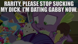 Size: 1920x1080 | Tagged: suggestive, editor:useraccount, rarity, spike, age difference, caption, dragon, dragon dropped, duo, duo male and female, edit, edited screencap, female, foalcon, food, g4, ice cream, image macro, impact font, implied blowjob, implied gabby, implied oral, implied sex, implied spabby, imported from derpibooru, male, my little pony: friendship is magic, pony, screencap, season 9, ship:sparity, shipping, straight, straight shota, text, uncomfortable, unicorn, winged spike, wings