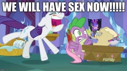 Size: 888x499 | Tagged: suggestive, rarity, spike, age difference, and then there's rarity, angry, blanket, captain mare-acle, caption, discovery family logo, dragon, dragon dropped, duo, duo male and female, edit, edited screencap, excessive exclamation marks, faic, female, foalcon, g4, image macro, imminent sex, impact font, implied sex, imported from derpibooru, male, mare, mawshot, motion blur, my little pony: friendship is magic, open mouth, pony, poster, potted plant, power ponies, quill, sagittiara, scared, screaming, screencap, scroll, season 9, spike's bed, spike's room, startled, subtle as a train wreck, teeth, text, unicorn, uvula, winged spike, wings, wonder mare, yelling