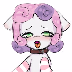 Size: 3000x3000 | Tagged: suggestive, artist:sausagezzzz, sweetie belle, blushing, clothes, collar, female, filly, foal, foalcon, g4, horn, imported from derpibooru, pony, simple background, socks, solo, striped socks, tongue out, unicorn, white background