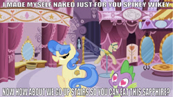 Size: 642x363 | Tagged: suggestive, editor:undeadponysoldier, spike, age difference, bedroom eyes, butt, caption, carousel boutique, crack shipping, dirty talk, dragon, duo, duo male and female, earth pony, edit, edited edit, edited screencap, female, foalcon, g4, heart, heart eyes, image macro, implied foalcon, implied sex, imported from derpibooru, innuendo, looking at each other, male, mare, mirror, open mouth, plot, pony, ponyquin, sapphire shores, screencap, seductive, ship:spikephire, shipping, stairs, straight, straight shota, text, they like what they see, we don't normally wear clothes, wingding eyes, wingless spike