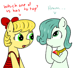 Size: 750x700 | Tagged: suggestive, oc, oc:emerald jewel, oc:golden brisk, amulet, anonymous artist, ask golden brisk, bow, clothes, color, colt, colt on colt, colt quest, crossdressing, dress, eyelashes, foal, foalcon, gay, hair over one eye, implied foalcon, imported from derpibooru, jewelry, male, pony, reverse foalcon, thinking, trap