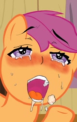 Size: 675x1060 | Tagged: suggestive, scootaloo, ahegao, blushing, bust, crying, drool, edit, edited screencap, female, foalcon, g4, imported from derpibooru, open mouth, pony, screencap, solo, sweat, tears of pleasure