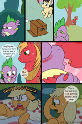 Size: 844x1280 | Tagged: safe, artist:caluriri, applejack, spike, aaaaaaaaaa, age difference, bed, big macintosh, dragon, dream, earth pony, foalcon, food, g4, gay, imported from derpibooru, interspecies, kissing, male, nightmare, oatmeal, oats, pony, ship:spikentosh, shipping, solid snake, wingless spike