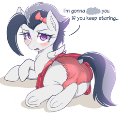 Size: 900x857 | Tagged: suggestive, artist:anonymous, 4chan, angry, blushing, bow, butt, censored vulgarity, clothes, colt, crossdressing, crotch bulge, cute, dock, drawthread, dress, eyelashes, foal, foalcon, frilly underwear, frog (hoof), g4, hair bow, imported from derpibooru, looking at you, looking back, looking back at you, madorable, male, mooseknuckle, panties, pegasus, plot, pony, red underwear, rumble, rumblebetes, solo, solo male, trap, underhoof, underwear