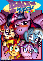 Size: 1302x1835 | Tagged: suggestive, artist:anibaruthecat, starlight glimmer, twilight sparkle, comic:back to magic kindergarten, age difference, age regression, alicorn, bedroom eyes, blushing, comic, comic cover, female, females only, filly, filly moondancer, filly starlight glimmer, filly sunset shimmer, filly trixie, foal, foalcon, g4, glasses, implied foalcon, imported from derpibooru, mare, moondancer, open mouth, pony, sunset shimmer, trixie, twilight is a foal fiddler, unicorn, younger