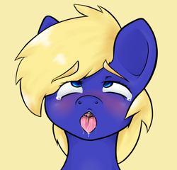 Size: 841x807 | Tagged: suggestive, artist:shadikbitardik, oc, oc:spore, ahegao, auction, blonde, blue eyes, blushing, colt, commission, foal, foalcon, imported from derpibooru, male, oc only, open mouth, pony, solo, solo male, tongue out, ych result