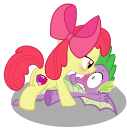 Size: 2352x2381 | Tagged: suggestive, apple bloom, spike, artist needed, blushing, dragon, earth pony, female, filly, foal, foalcon, g4, high res, imported from derpibooru, male, pinned, pinned down, pony, ship:spikebloom, shipping, simple background, straddling, straight, transparent background, vector, winged spike, wings