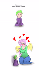Size: 2480x4472 | Tagged: suggestive, artist:franschesco, fluttershy, spike, 2 panel comic, age regression, baby, babycon, big breasts, breasts, busty fluttershy, comic, female, floating heart, foalcon, g4, heart, human, humanized, implied foalcon, imported from derpibooru, male, ship:flutterspike, shipping, straight, straight shota, wingding eyes, winged humanization, wings
