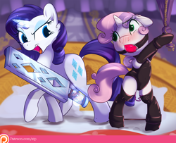 Size: 1224x992 | Tagged: suggestive, artist:sip, rarity, sweetie belle, fanfic:breaking the belle, alternate version, ballgag, bdsm, blushing, bondage, clothes, collar, cuffs, dominatrix, female, femdom, femsub, filly, foal, foalcon, g4, gag, glowing horn, horn, implied insertion, imported from derpibooru, incest, latex, latex leotard, latex socks, latex suit, legwear, leotard, lesbian, looking at each other, mare, open mouth, paddle, patreon, patreon logo, pony, raricest, raridom, sex toy, ship:raribelle, shipping, siblings, sisters, socks, spreader bar, submissive, sweetiesub, textless version, thigh highs, unicorn, vibrator