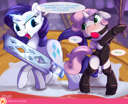 Size: 1224x992 | Tagged: suggestive, artist:sip, rarity, sweetie belle, fanfic:breaking the belle, ballgag, bdsm, belle sisters, blushing, bondage, clothes, collar, cuffs, dialogue, dock, dominatrix, female, femdom, femsub, filly, foal, foalcon, g4, gag, glowing horn, horn, imminent spanking, implied insertion, imported from derpibooru, incest, latex, latex leotard, latex socks, latex suit, legwear, leotard, lesbian, looking at each other, mare, muffled moaning, paddle, patreon, patreon logo, pony, raricest, raridom, sex toy, ship:raribelle, shipping, siblings, sisters, socks, spanking, speech bubble, spreader bar, submissive, sweetiesub, thigh highs, unicorn, vibrator