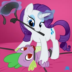 Size: 1280x1280 | Tagged: suggestive, artist:radasus, rarity, spike, age difference, ballgag, bdsm, blindfold, bondage, dragon, duo, duo male and female, female, femdom, foalcon, g4, gag, glowing horn, heart eyes, horn, implied foalcon, imported from derpibooru, levitation, looking at each other, magic, male, malesub, mouth hold, on back, pony, raridom, riding crop, ship:sparity, shipping, show accurate, show accurate porn, straddling, straight, straps, submissive, telekinesis, unicorn, wingding eyes, wingless spike