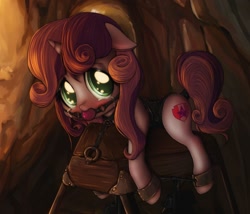 Size: 994x850 | Tagged: semi-grimdark, suggestive, artist:darkstylerz, sweetie belle, abuse, ballgag, bdsm, blushing, bondage, bondage furniture, clothes, collar, commission, corset, crying, cuffs, dungeon, female, filly, floppy ears, foal, foalcon, g4, gag, imported from derpibooru, looking at you, pony, solo, source needed, sweetiebuse, tail wrap, useless source url, wooden horse