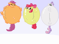 Size: 806x608 | Tagged: suggestive, artist:theinflater19, apple bloom, scootaloo, sweetie belle, apple bloon, balloon pony, belly button, blushing, cutie blimp crusaders, cutie mark crusaders, earth pony, eyes closed, female, filly, floating, floppy ears, flying, foal, foalcon, g4, imported from derpibooru, inflatable, inflatable pony, inflation, pegasus, pony, scootablimp, spherical inflation, spread wings, sweetie belloon, trace, trio, unicorn, wings