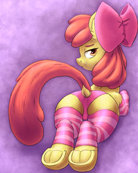 Size: 1685x2120 | Tagged: suggestive, artist:chromaskunk, artist:yoditax, apple bloom, anatomically incorrect, bedroom eyes, bow, butt, clothes, dock, earth pony, female, filly, foal, foalcon, frog (hoof), g4, hair bow, imported from derpibooru, incorrect leg anatomy, large butt, legwear, looking at you, looking back, looking back at you, lying down, panties, pink underwear, plot, pony, presenting, prone, raised tail, rear view, ribbon, socks, solo, solo female, stockings, striped socks, tail, tail aside, the ass was fat, thigh highs, underhoof, underwear