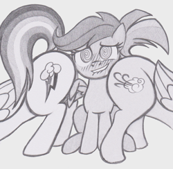 Size: 1088x1063 | Tagged: suggestive, artist:lockerobster, rainbow dash, scootaloo, blushing, butt, butt bump, butt sandwich, female, females only, filly, foal, foalcon, folded wings, g4, grinding, imported from derpibooru, infidelity, lesbian, lip bite, mare, milf, monochrome, pegasus, plot, plot sandwich, pony, raised tail, scootaloo gets all the mares, scootalove, ship:scootadash, ship:windyscootadash, ship:windyscoots, shipping, simple background, spread wings, swirly eyes, tail, tail lift, teasing, traditional art, trio, white background, windy whistles, wingboner, wings