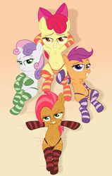 Size: 1000x1571 | Tagged: suggestive, artist:jaxonian, editor:deserter, apple bloom, babs seed, scootaloo, sweetie belle, armpits, belly button, chest freckles, clothes, color edit, colored, cutie mark crusaders, edit, female, foalcon, freckles, g4, green underwear, grin, hip freckles, implied foalcon, imported from derpibooru, nudity, orange underwear, panties, purple underwear, questionable source, shoulder freckles, smiling, socks, striped socks, striped underwear, sultry pose, underwear