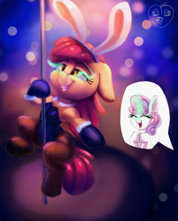 Size: 1605x2000 | Tagged: suggestive, artist:oddciders, apple bloom, sweetie belle, armpits, bunny suit, clothes, earth pony, eyes closed, female, females only, filly, fishnet clothing, fishnet pantyhose, foal, foalcon, g4, glowing horn, grin, happy, horn, human shoulders, hypnosis, imported from derpibooru, legwear, leotard, lesbian, magic, magic abuse, offscreen character, open mouth, open smile, pantyhose, pole dancing, pony, smiling, sombra eyes, stripper pole, tights, unicorn