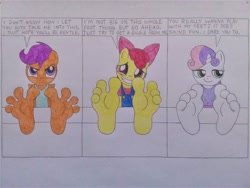 Size: 3264x2448 | Tagged: suggestive, artist:darienspeyer, apple bloom, scootaloo, sweetie belle, 4 toes, anthro, barefoot, blushing, cute, cutie mark crusaders, earth pony, feet, female, fetish, foalcon, foot fetish, foot focus, g4, grin, high res, imported from derpibooru, looking at you, pegasus, plantigrade anthro, smiling, soles, speech bubble, spread toes, style emulation, teasing, toes, traditional art, underfoot, unicorn
