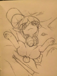 Size: 540x720 | Tagged: suggestive, artist:vulapa, oc, oc:pinch hitter, ball, baseball bat, baseball cap, baseball glove, bed, butt, cap, featureless crotch, female, filly, foal, foalcon, hat, imported from derpibooru, lineart, oc only, on bed, plot, simple background, sketch, solo, spread legs, spreading, traditional art, yellow background
