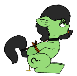Size: 881x870 | Tagged: suggestive, artist:smoldix, oc, oc:filly anon, chest fluff, color edit, colored, drool, ear fluff, edit, female, fetish, filly, floppy ears, foal, foalcon, imported from derpibooru, oc only, open mouth, pissing, pony, simple background, sitting, solo, solo female, tail holder, tied up, tongue out, transparent background, urine, watersports