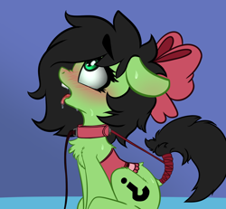 Size: 1561x1440 | Tagged: suggestive, artist:duop-qoub, artist:niggerdrawfag, oc, oc:filly anon, blushing, bondage, bow, chest fluff, clothes, collar, corset, drool, earth pony, female, femsub, filly, floppy ears, foal, foalcon, imported from derpibooru, leash, looking up, oc only, open mouth, pet play, pony, sitting, solo, submissive, sweat, tail holder, tail wrap, tongue out