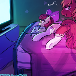 Size: 750x750 | Tagged: suggestive, artist:lumineko, apple bloom, applecest, bed, big macintosh, bow, butt, censored, clothes, controller, earth pony, female, filly, foal, foalcon, g4, hair bow, imported from derpibooru, joystick, legwear, looking at you, male, plot, pony, ship:macbloom, shipping, smiling, stallion, stockings, straight, sweat, thigh highs, video game