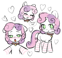 Size: 3000x2815 | Tagged: suggestive, artist:sausagezzzz, sweetie belle, ahegao, bell, bell collar, blushing, clothes, collar, eyes closed, female, filly, foal, foalcon, g4, heart, horn, i love you, implied anon, imported from derpibooru, legwear, looking at you, open mouth, pony, simple background, socks, solo, standing, stockings, striped socks, thigh highs, tongue out, unicorn, white background