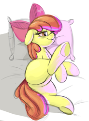 Size: 842x1145 | Tagged: suggestive, artist:spectre-z, artist:zapplebow, apple bloom, bed, blank flank, blushing, bow, colored, earth pony, featureless crotch, female, filly, foal, foalcon, g4, implied foalcon, implied masturbation, imported from derpibooru, lip bite, lying down, pillow, pony, raised leg, simple background, sketch, solo, solo female, underhoof