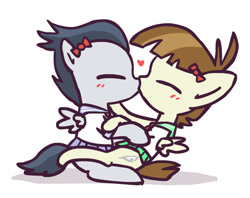 Size: 548x433 | Tagged: safe, anonymous artist, blushing, clothes, colt, colt on colt, crossdressing, duo, featherweight, foal, foalcon, g4, gay, heart, imported from derpibooru, kiss on the lips, kissing, male, pegasus, pony, ribbon, rumble, rumbleweight, school uniform, shipping