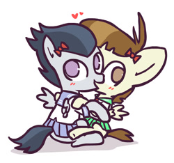 Size: 516x484 | Tagged: safe, anonymous artist, blushing, clothes, colt, colt on colt, crossdressing, duo, featherweight, foal, foalcon, g4, gay, imported from derpibooru, looking at you, male, pegasus, pony, ribbon, rumble, rumbleweight, school uniform, shipping, simple background, white background