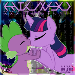 Size: 1400x1400 | Tagged: suggestive, artist:buttercupsaiyan, spike, twilight sparkle, age difference, album, album cover, bandcamp, cover art, double the fun, dragon, female, foalcon, french kiss, g4, implied foalcon, imported from derpibooru, kilxyu, kiss on the lips, kissing, male, music, pinkamena party, pony, pseudoincest, ship:twispike, shipping, sloppy kissing, straight, twilight is a foal fiddler, unicorn, wingless spike