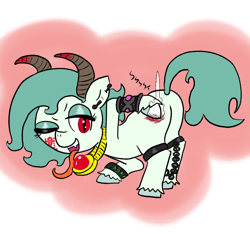 Size: 640x600 | Tagged: suggestive, artist:ficficponyfic, oc, oc:emerald jewel, alternate timeline, alternate universe, alternate version, amulet, anklet, bad end, bracelet, burn, burned, burning, butt, chains, child, color, colt, colt quest, corrupted, cuffs, demon, demon pony, devil horns, ear piercing, earth pony, evil, evil smile, eyeshadow, fangs, femboy, fire, foal, foalcon, grin, horn, horns, implied foalcon, imported from derpibooru, jewelry, makeup, male, oc only, piercing, plot, pony, prehensile tongue, presenting, runes, slit pupils, smiling, solo, tattoo