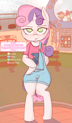 Size: 1050x1785 | Tagged: suggestive, artist:jonathan the awesome, apple bloom, scootaloo, sweetie belle, bench, bipedal, blushing, bush, cameltoe, clothes, cutie mark crusaders, derpibooru exclusive, dialogue, earth pony, eyebrows, female, filly, foal, foalcon, g4, implied foalcon, imported from derpibooru, looking at you, neurobiology in the comments, overalls, pegasus, playground, science in the comments, seduction, semi-anthro, shirt, sky, solo focus, sweat, t-shirt, talking to viewer, this will end in jail time, unicorn, xbox