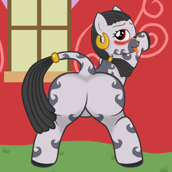 Size: 4000x4000 | Tagged: suggestive, artist:theonewithoutaname, oc, oc:desta, blushing, blushing profusely, butt, dock, ear piercing, earring, eyebrow piercing, female, filly, foal, foalcon, imported from derpibooru, jewelry, nose piercing, nose ring, oc only, one eye closed, piercing, plot, ponyville schoolhouse, presenting, raised tail, red eyes, school, solo, solo female, spread legs, spreading, tail, the ass was fat, tongue out, tongue piercing, wink, zebra, zebra oc